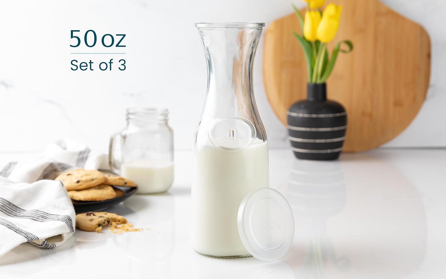 Glass Carafe Pitchers, by Kook, Large Carafe - set of 3, Beverage Dispensers, Clear Jugs For Mimosas, Water, Wine, Milk and Juice, with Plastic Lids, 50 oz Dishwasher Safe