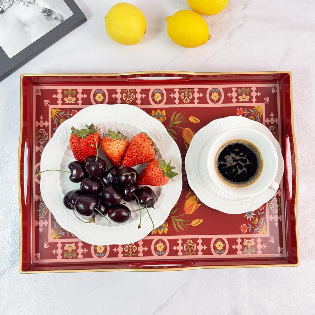 Boho Red Decorative Tray, Serving Tray with 4 Handles, Plastic Tray for Coffee Table, Ottoman - Ideal for Living Room & Bathroom. 15” x 11” x 1.9”