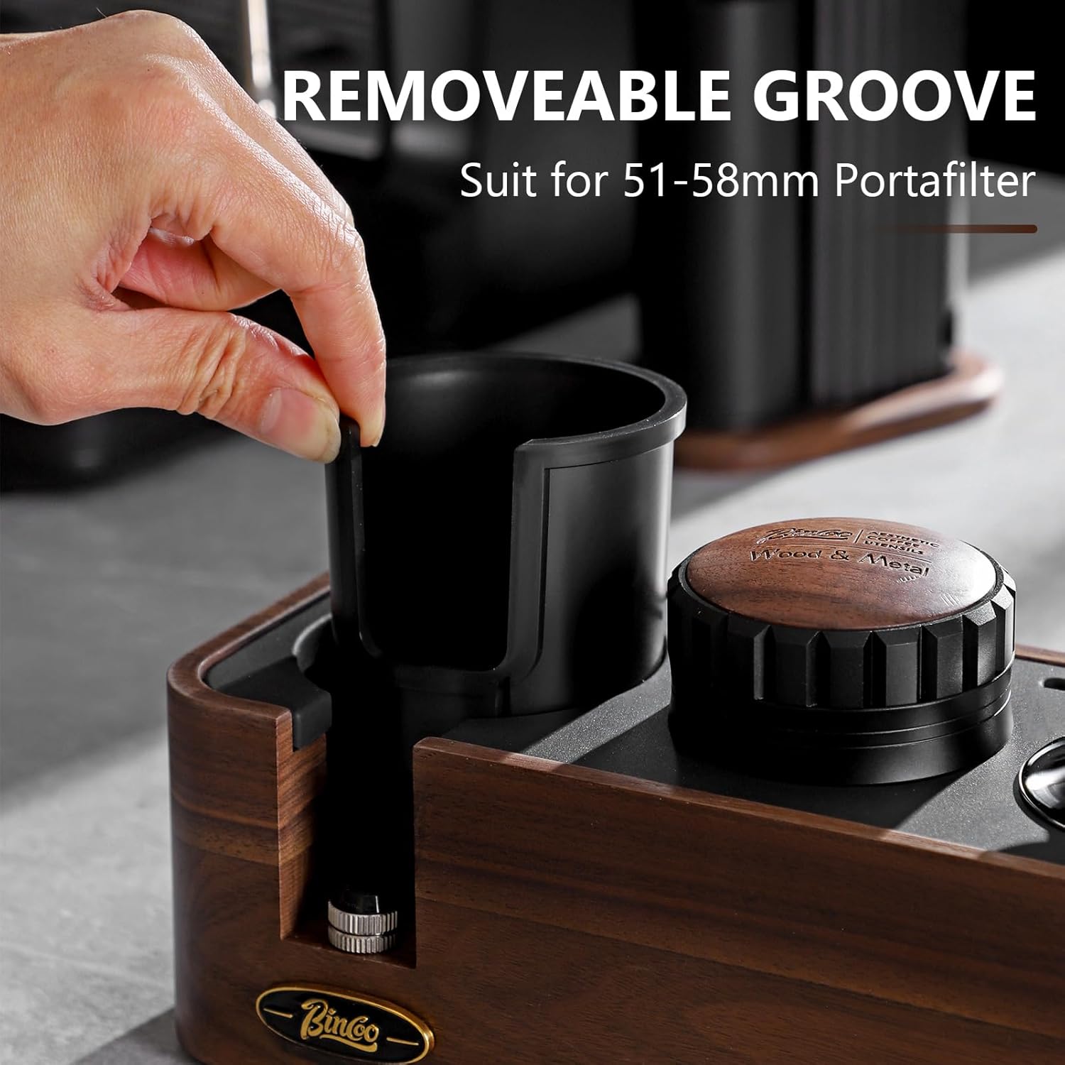 Bincoo Espresso Tamper Station - Walnut Wood Espresso Organizer for Storage 51-58mm Tamper,Distributor,Portafilter,Puck Screen,Coffee Station Holder for Coffee Bar, Adjustable Height