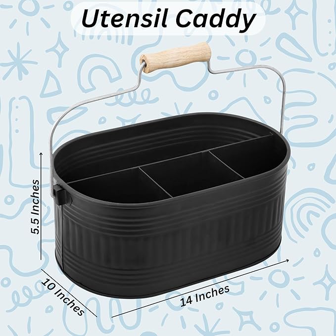 Alpha Living Home Large Silverware Drawer Organizer, Utensil Holder, Silverware Organizer, Caddy, Cutlery Holder, Wooden Handle 4-Section Galvanized Flatware Organizer for Kitchen, BBQ Black