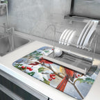 Winter Cardinals Dish Drying Mat for Kitchen Counter - Absorbent Reversible Microfiber Pad, Drainer Rack for Coffee Bar, 18x24 Inch, Red