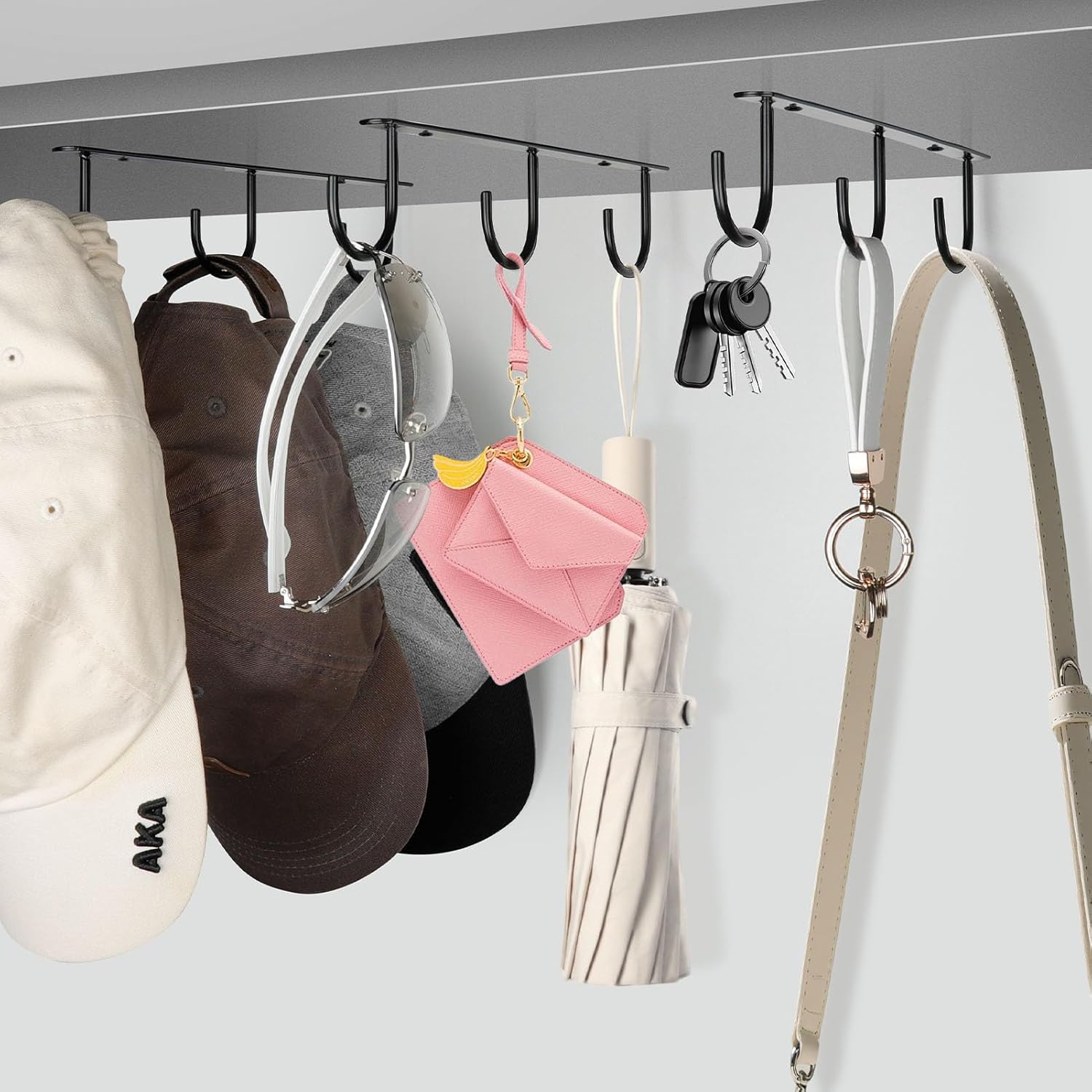 3pcs Under Cabinet Mug Hooks,Adhesive/Screw 2 Ways Install Mug Holder,Coffee Cups Hook with 9 Hooks,Mug Organizion Rack for Displaying Mugs/Cups/Kitchen Utensils (Black)