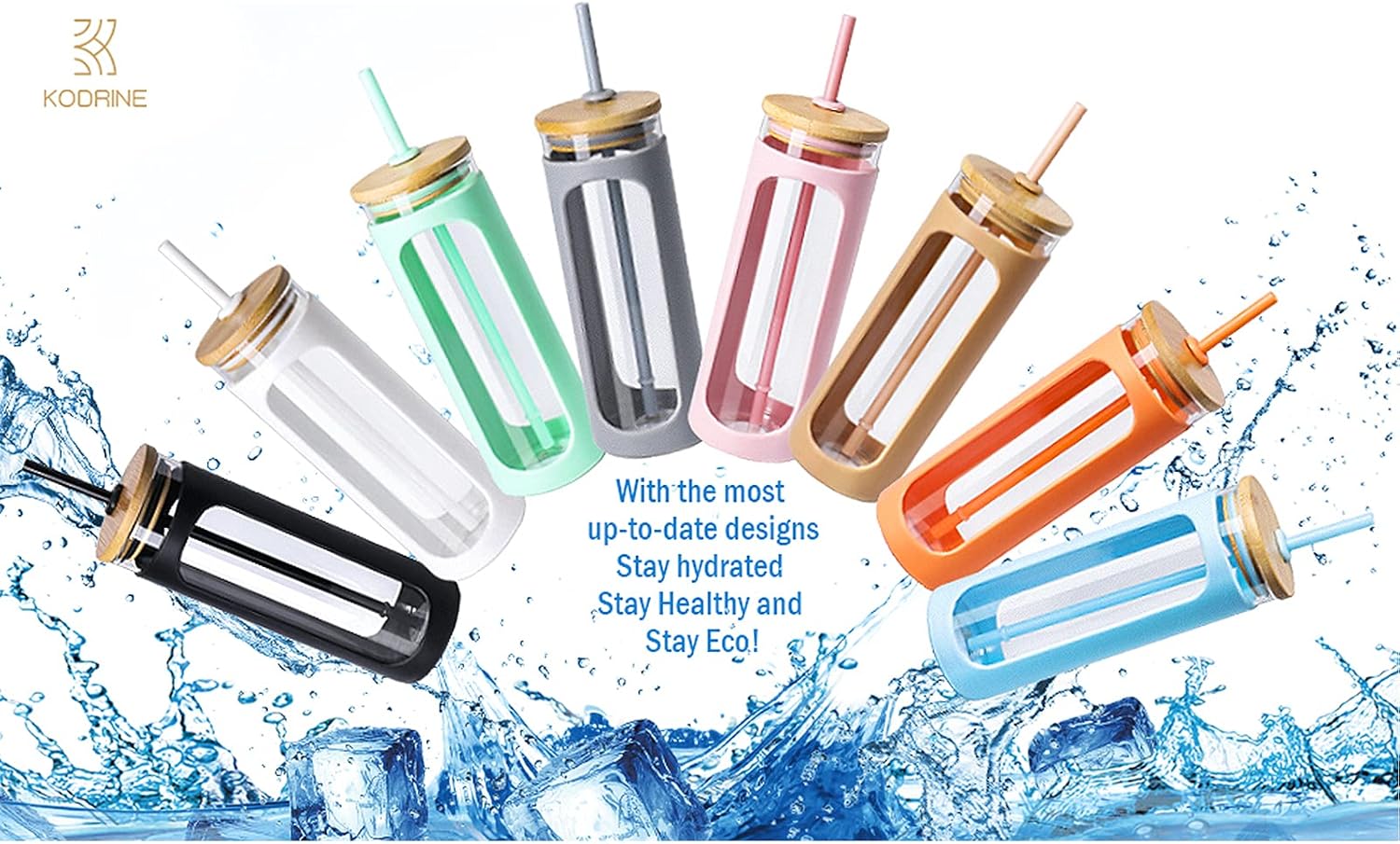 Kodrine 20oz Glass Tumbler with Straw and Lid, Bamboo Lids Water Bottle, Reusable Iced Coffee Cups, Wide Mouth Smoothie Cup with Protective Silicone Sleeve BPA FREE-White+Black-2pack