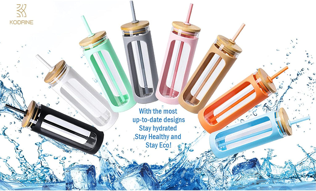 Kodrine 20oz Glass Tumbler with Straw and Lid, Bamboo Lids Water Bottle, Reusable Iced Coffee Cups, Wide Mouth Smoothie Cup with Protective Silicone Sleeve BPA FREE-White+Amber-2pack