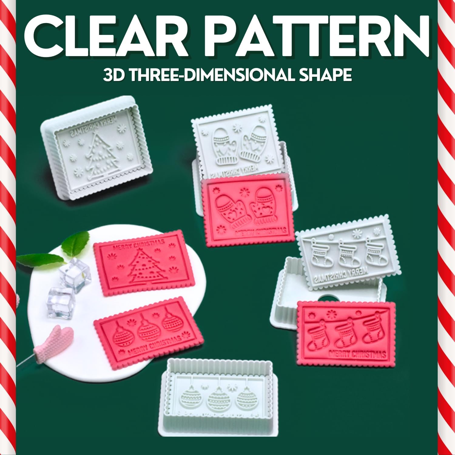 Christmas Cookie Cutters, 4-Piece 3D MERRY CHRISTMAS Plastic Cookie Stamp Set, Comes with Merry Christmas in English, Perfect for Christmas cookie baking and parties