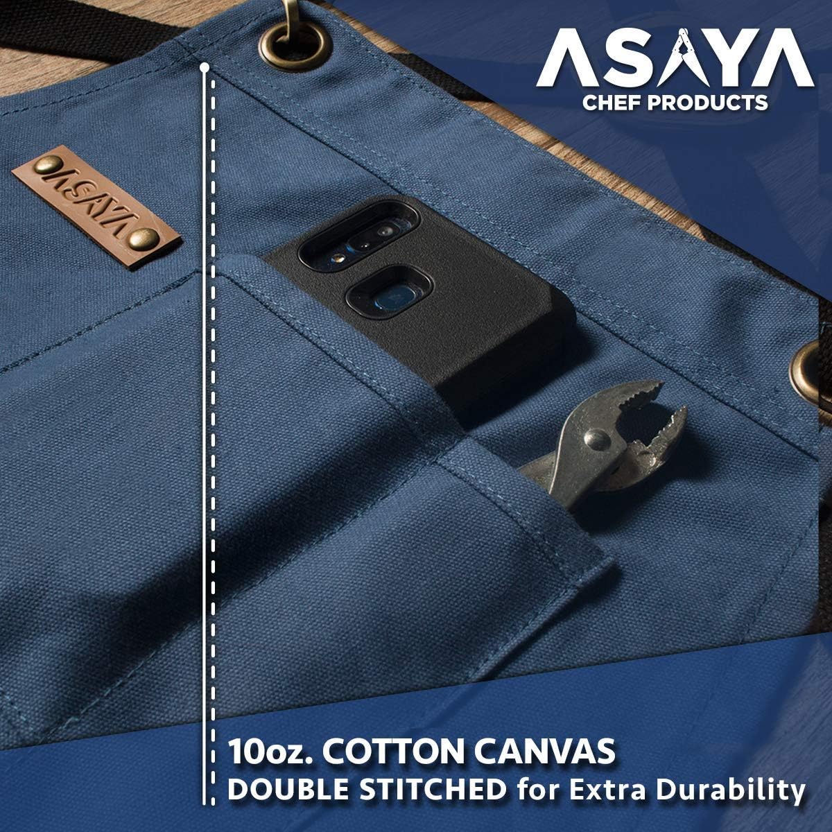 Asaya Chef and BBQ Apron with Bottle Opener and Hand Towel - 10oz Cotton Canvas, Stainless Steel Hardware - Cross Back Straps