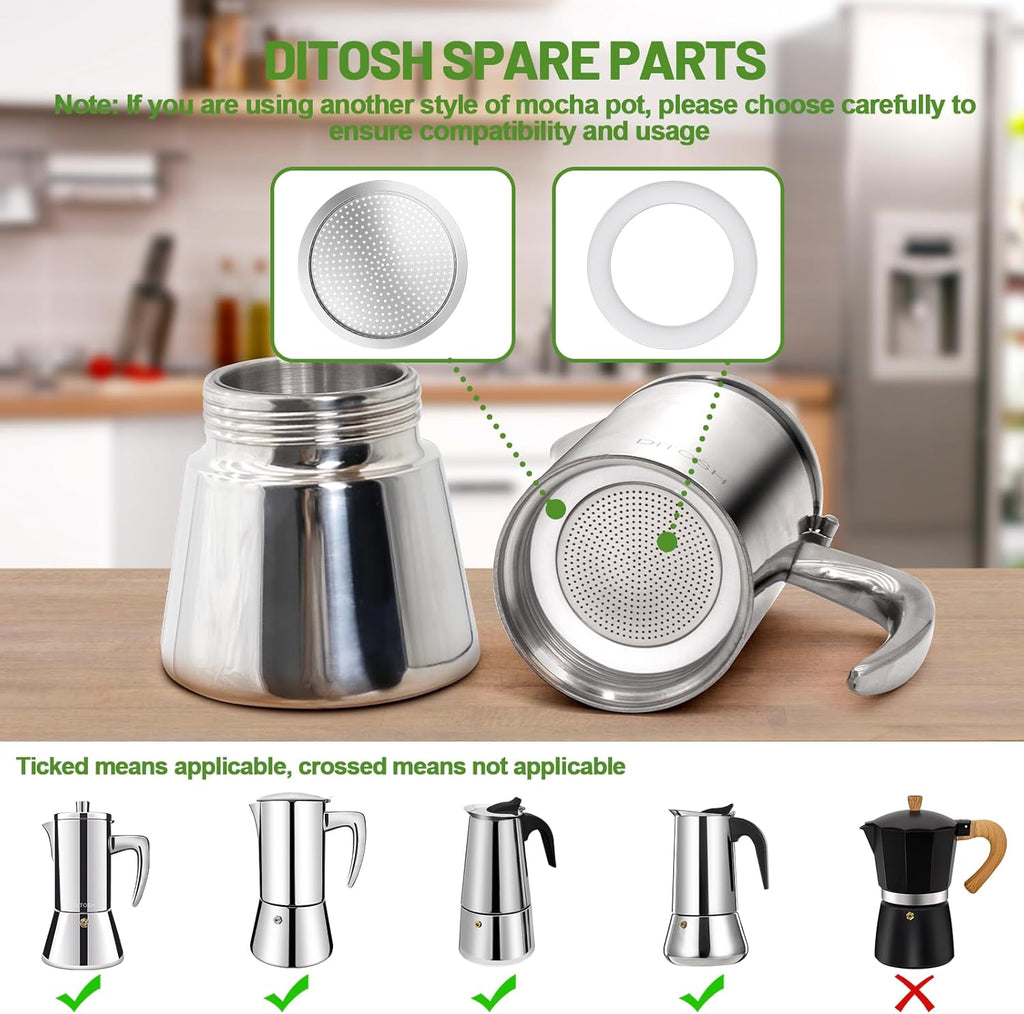 2 Pcs Filter with 3 Pcs Silicone Gasket Seals for 12 Cup Stovetop Espresso Coffee Maker Replacement Parts for 304 Stainless Steel Moka Pot