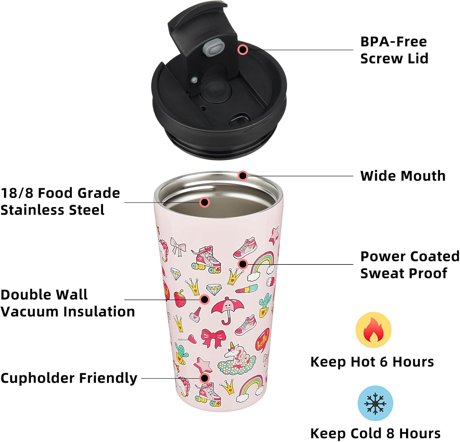 BJPKPK 18oz Insulated Tumbler With lid And Straw Stainless Steel Tumblers Travel Coffee Mug Reusable Thermal Cup,Unicorns