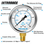 MEANLIN MEASURE 0~10Psi Stainless Steel 1/4" NPT 2.5" FACE DIAL Liquid Filled Pressure Gauge WOG Water Oil Air Lower Mount, with 1/2" NPT and 3/8" NPT Hex Bushing