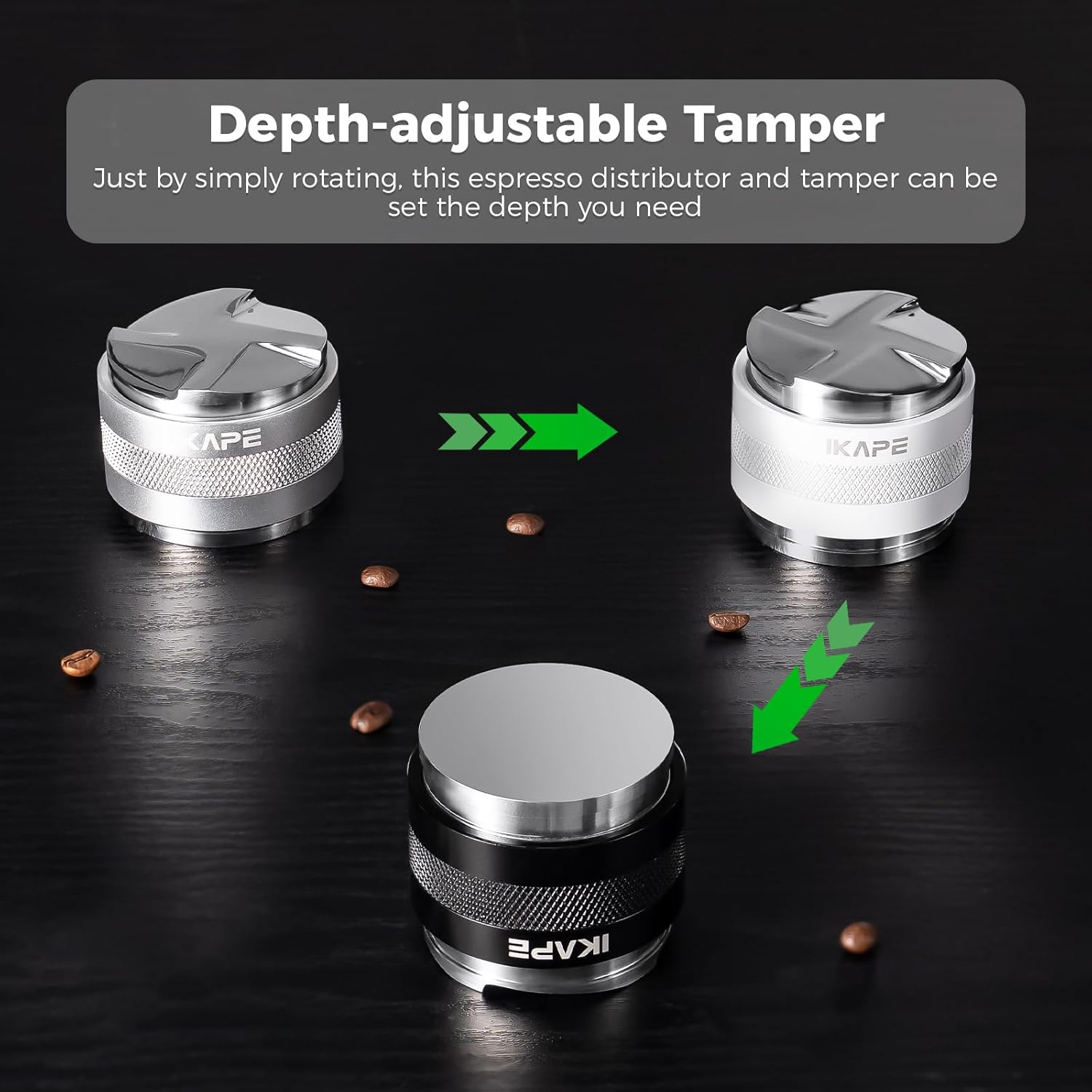 IKAPE Coffee Products, 58mm Coffee Distributor & Hand Tamper, Adjustable Depth Espresso Distributor Fits All 58mm Espresso Portafilter(Silver))