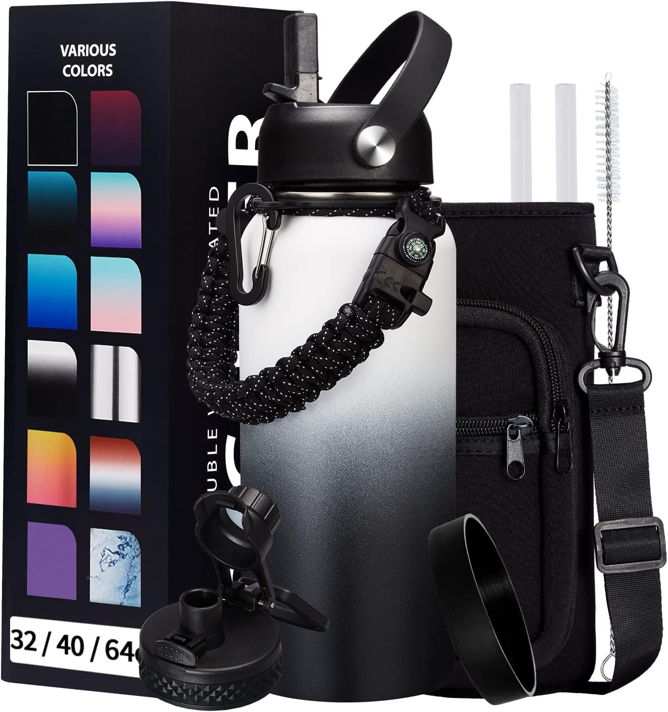 32OZ Water Bottle with Straw & Strap, BPA Free Insulated Water Bottle Keeps Cold 48H Hot 24H, Double-Wall Sport Water Bottle with Sleeve Carrier, Stainless Steel Bottle for Kids Men Woman Xmas Gift