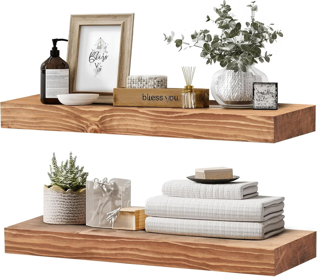 24x8x1.6 inch Floating Shelves Set of 2 – Solid Wood Rustic Oak Wall Mounted Shelf for Kitchen, Bathroom, Living Room