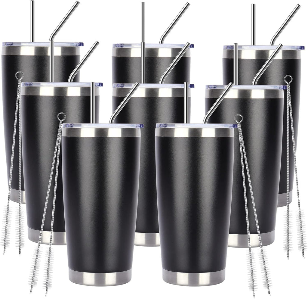 Pandance 20oz Stainless Steel Insulated Tumblers with Lid and Straw Bulk, Double Wall Vacuum Water Cups for Hot & Iced Coffee Drinks Travel Mug (Black, 8 pack)
