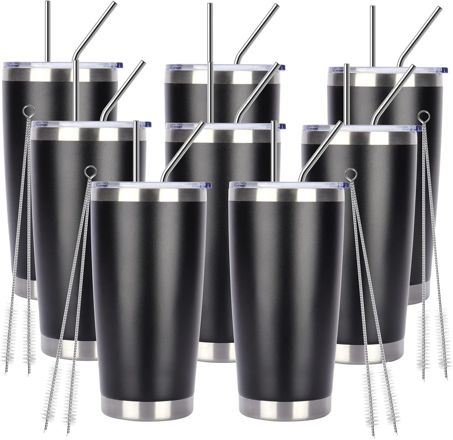 Pandance 20oz Stainless Steel Insulated Tumblers with Lid and Straw Bulk, Double Wall Vacuum Water Cups for Hot & Iced Coffee Drinks Travel Mug (Black, 8 pack)