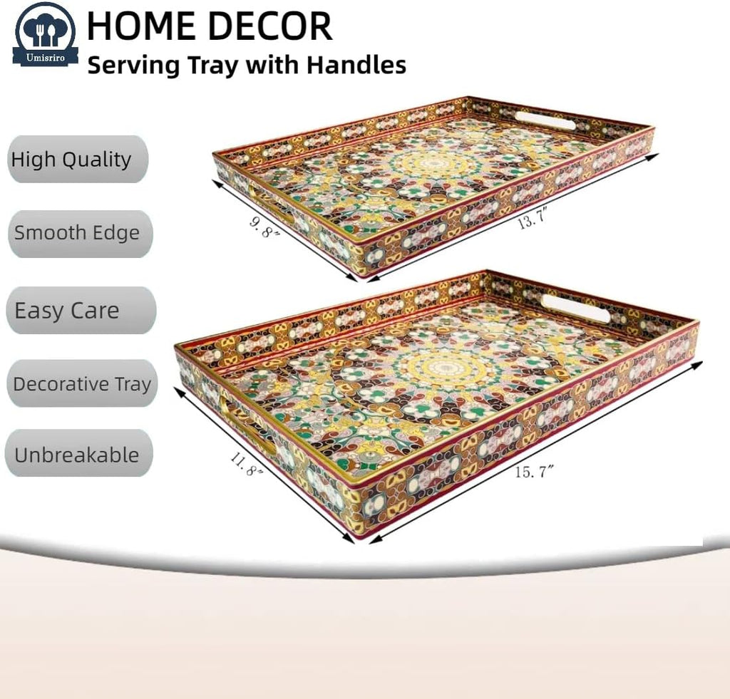 2pcs Boho Red Decorative Serving Tray, Modern Plastic Tray with Handles for Coffee Table, Living Room, Ottoman, Home Decor, Large, 15.7"*11.8"*1.6", Small 13.7"*9.8",