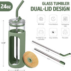 Kodrine 24oz Glass Tumbler with 2 Lids and Straws, Glass Cup With Bamboo Lid and On-the-go Lid, Reusable Iced Coffee Cup, Ideal for Smoothie, Cold Drinks, Fit Cup Holder, BPA Free (1, Olive)