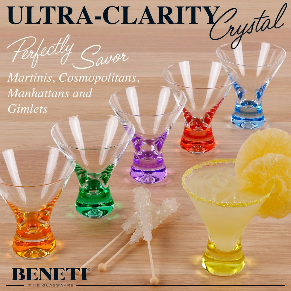BENETI European Made Colored Martini Glasses Set of 6 Stemless Cocktail Glasses - 8 Oz, Dishwasher Safe, Crystal Glass Cups for Partys