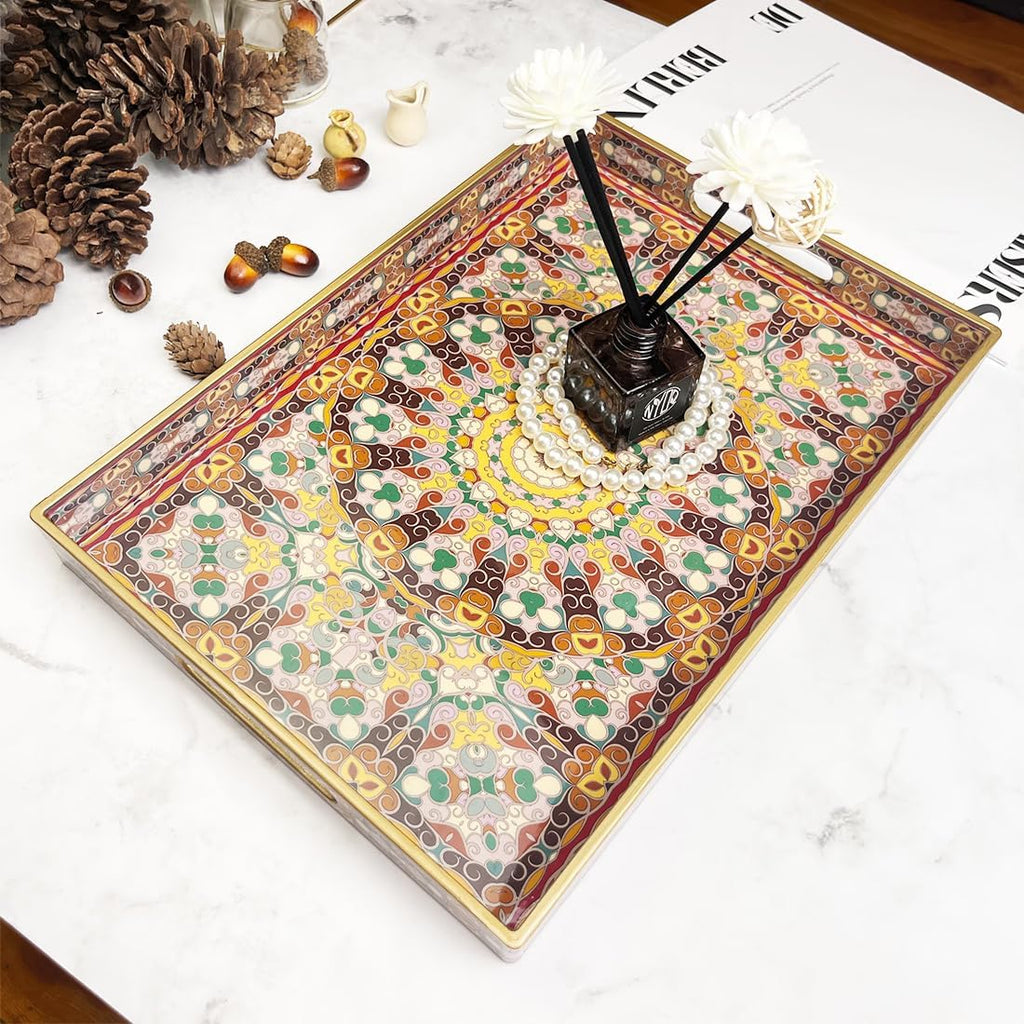 2pcs Boho Red Decorative Serving Tray, Modern Plastic Tray with Handles for Coffee Table, Living Room, Ottoman, Home Decor, Large, 15.7"*11.8"*1.6", Small 13.7"*9.8",