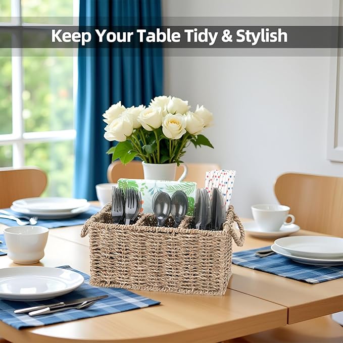 Wicker Party Silverware Caddy, Seagrass Plastic Cutlery Utensil Holder, Hand Woven with Handles, Kitchen Countertop and Picnic flatware Organizer (4 compartments)