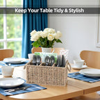 Wicker Party Silverware Caddy, Seagrass Plastic Cutlery Utensil Holder, Hand Woven with Handles, Kitchen Countertop and Picnic flatware Organizer (4 compartments)