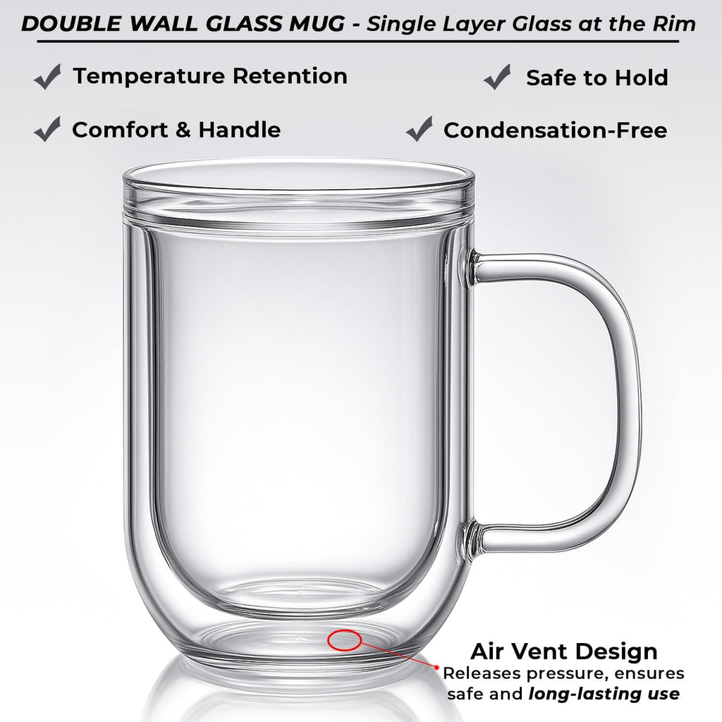 Aquach 16 Oz Double Walled Glass Coffee Mugs, Clear Glass Coffee Tea Cups, Microwave and Dishwasher Safe Home Office Insulated Glass Cups Perfect for Americano Latte Hot&Cold Beverages, 2-Pack