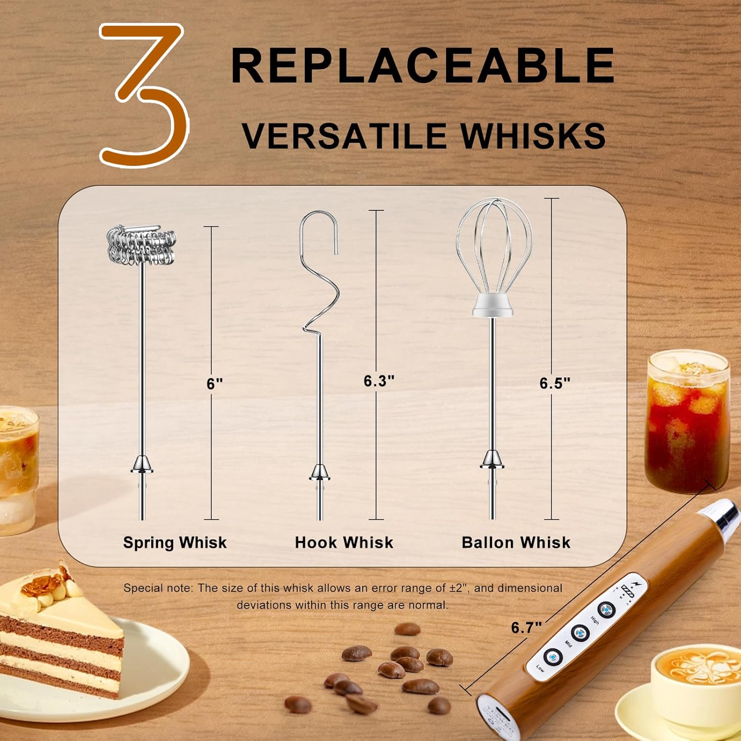 YUSWKO Wood Grain Handheld Milk Frother Wand with Stand for Coffee, Rechargeable Electric Whisk with 3 Heads 3 Speeds Drink Mixer Coffee Frother For Latte, Cappuccino, Hot Chocolate, Egg