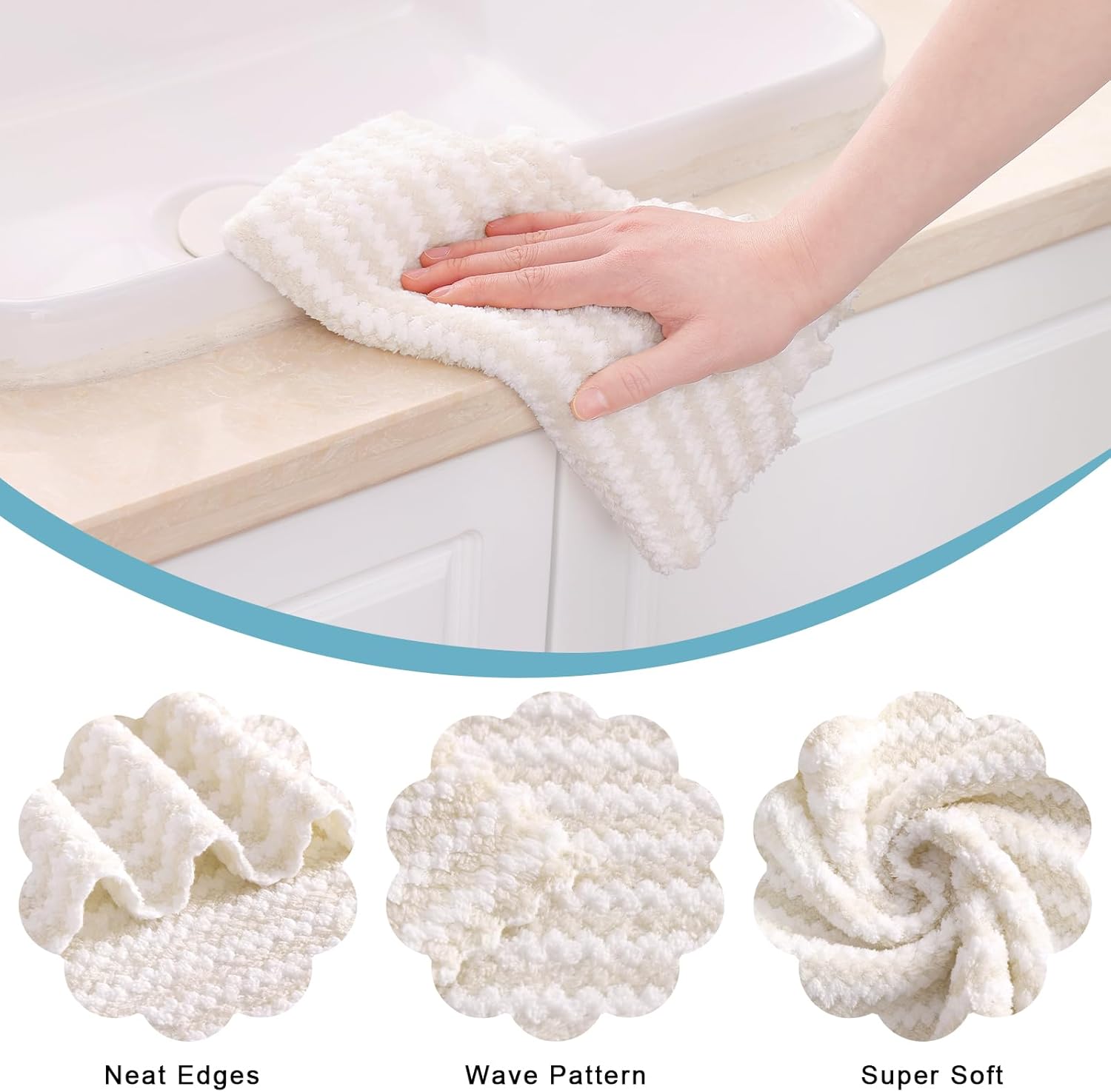 Homaxy Kitchen Towels(12 Pack, 10 x 20 inches), Ultra Soft and Absorbent Dish Towels, Reusable Fast Drying Microfiber Cleaning Cloth, Coral Velvet Wave Design No-lint, Beige