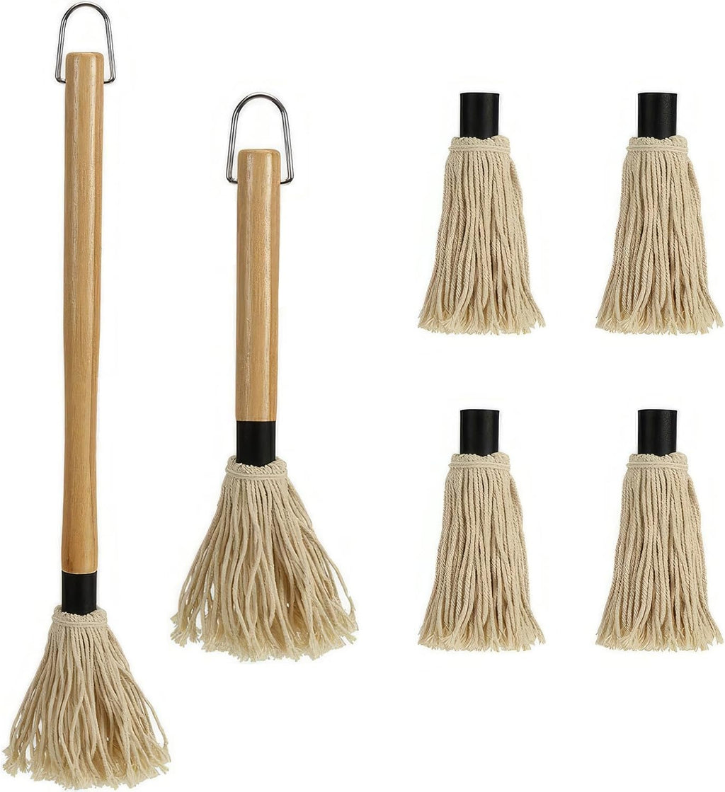 GEEKHOM Grill Basting Mop, Grilling Basting Mops Brushes with Long Wood Handle and Replacement Heads BBQ Sauce Brush for Barbecue Baking Smoking Roasting Steak Cooking, 18+14inch