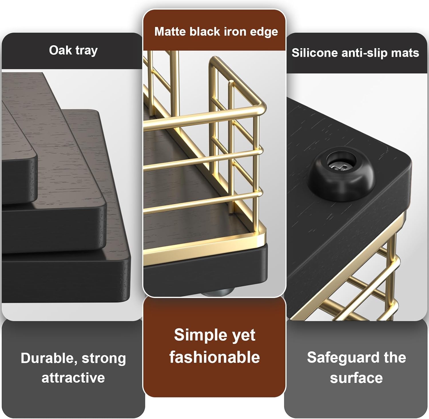 Wican Guest Towel Holder Tray for Bathroom, Oak and Iron Napkins Holder for Powder Room Dinning Table Wooden Basket for Disposable Paper Hand Towels Gold and Black