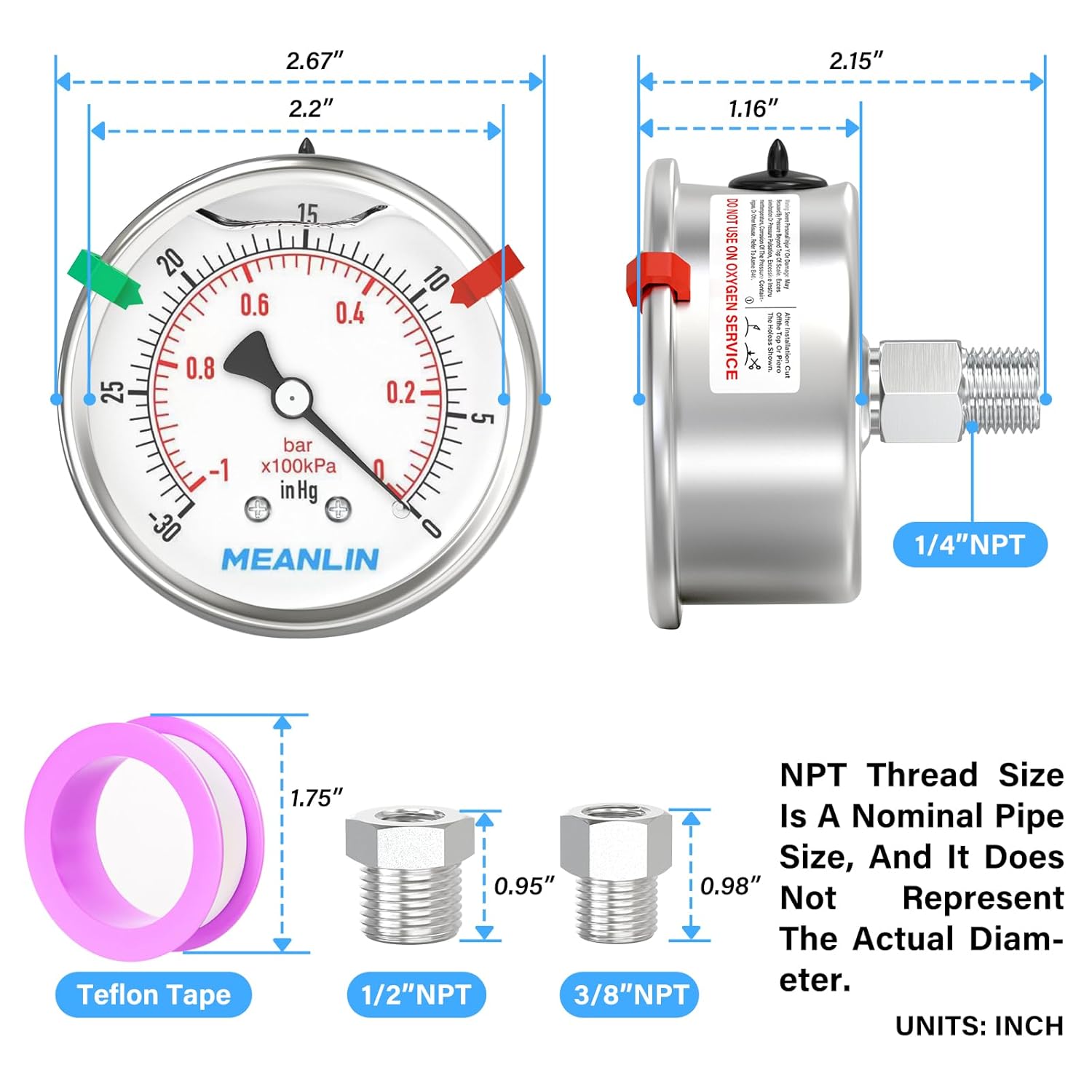 MEANLIN MEASURE -30inHG~0Psi Vacuum Pressure Gauge 316 Stainless Steel Joint 1/4" NPT 2.5" FACE DIAL, Liquid Filled Pressure Gauge WOG Water Oil Air Back Mount with Stainless Steel Hex Bushing, Snaps