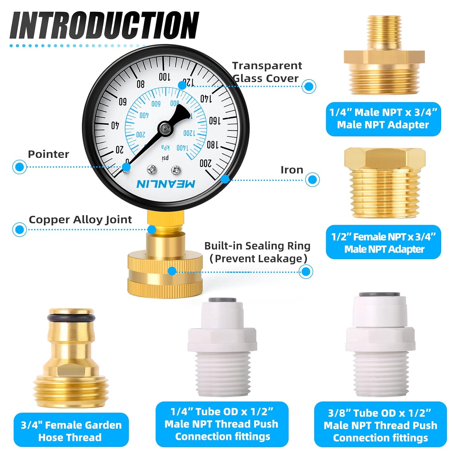 MEANLIN MEASURE 0~200Psi 3/4" Female Water Pressure kit Plus 5 adapters, 2.5" FACE DIAL Multi-Purpose Pressure Gauge kit, Hydraulic Tester,Suitable for Gardens, Water Pipes, etc