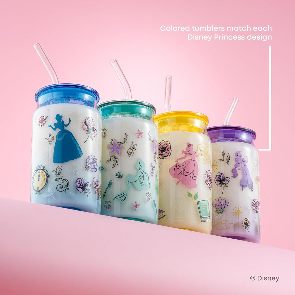 JoyJolt Disney Princess Icon Glass Tumblers with Lids and Straws, 16oz Glass Cups with Lids and Straws ft Princess Jasmine Ariel Cinderella Belle, 4pc Can Shaped Drinking Glasses, Iced Coffee Cups
