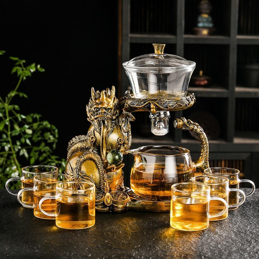 Glass Teapot Set with Infuser Semi Automatic Dragon Tea Set with 6 Small Cups (golden dragon)