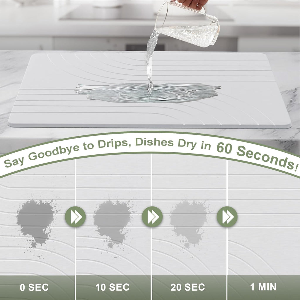 Large Stone Drying Mat for Kitchen Counter, 24" × 16" Diatomite Dish Drying Mat, Quick Dry Stone Mats, Ultra Absorbent Natural Diatomaceous Earth Mats for Dished, Bottles, White