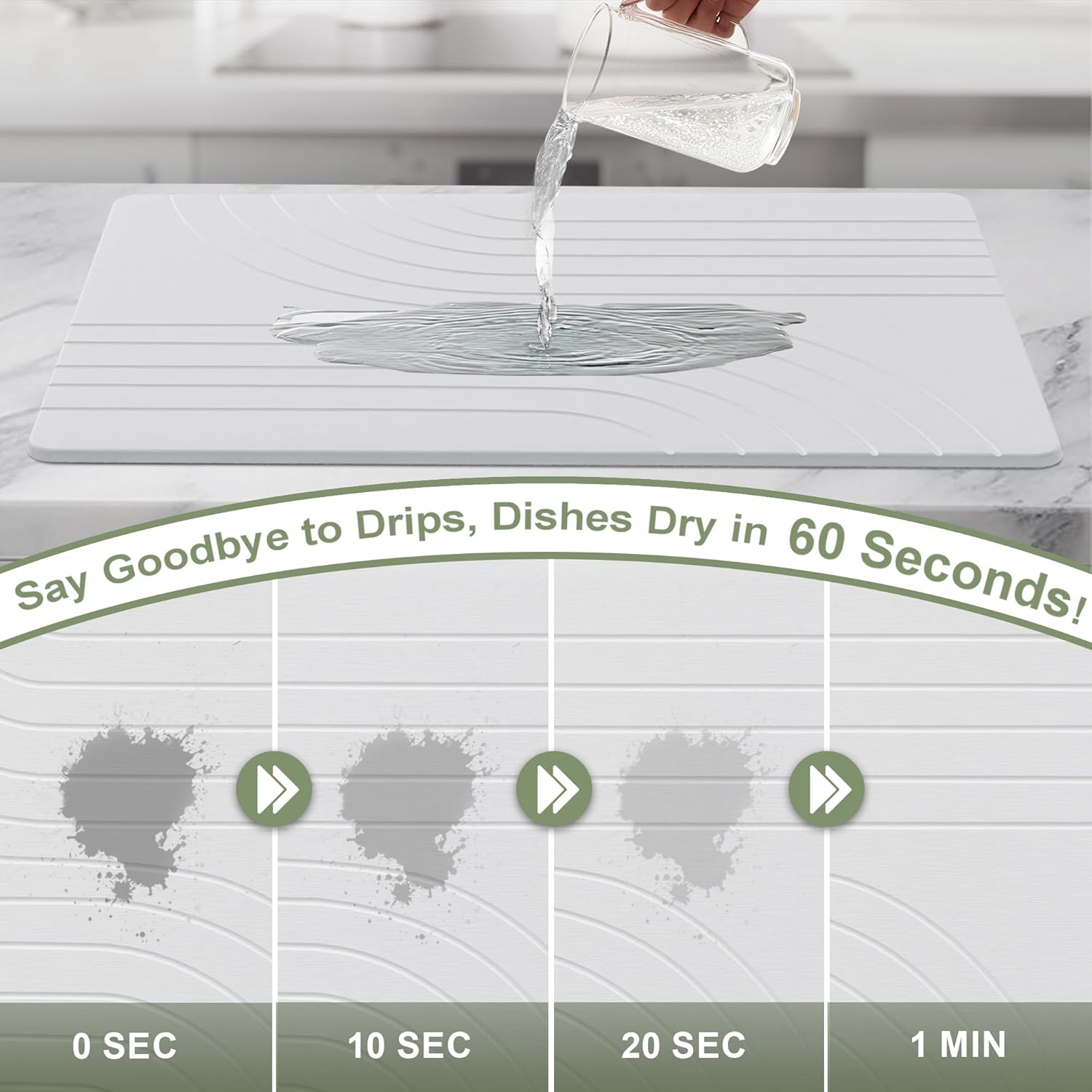 Large Stone Drying Mat for Kitchen Counter, 24" × 16" Diatomite Dish Drying Mat, Quick Dry Stone Mats, Ultra Absorbent Natural Diatomaceous Earth Mats for Dished, Bottles, White