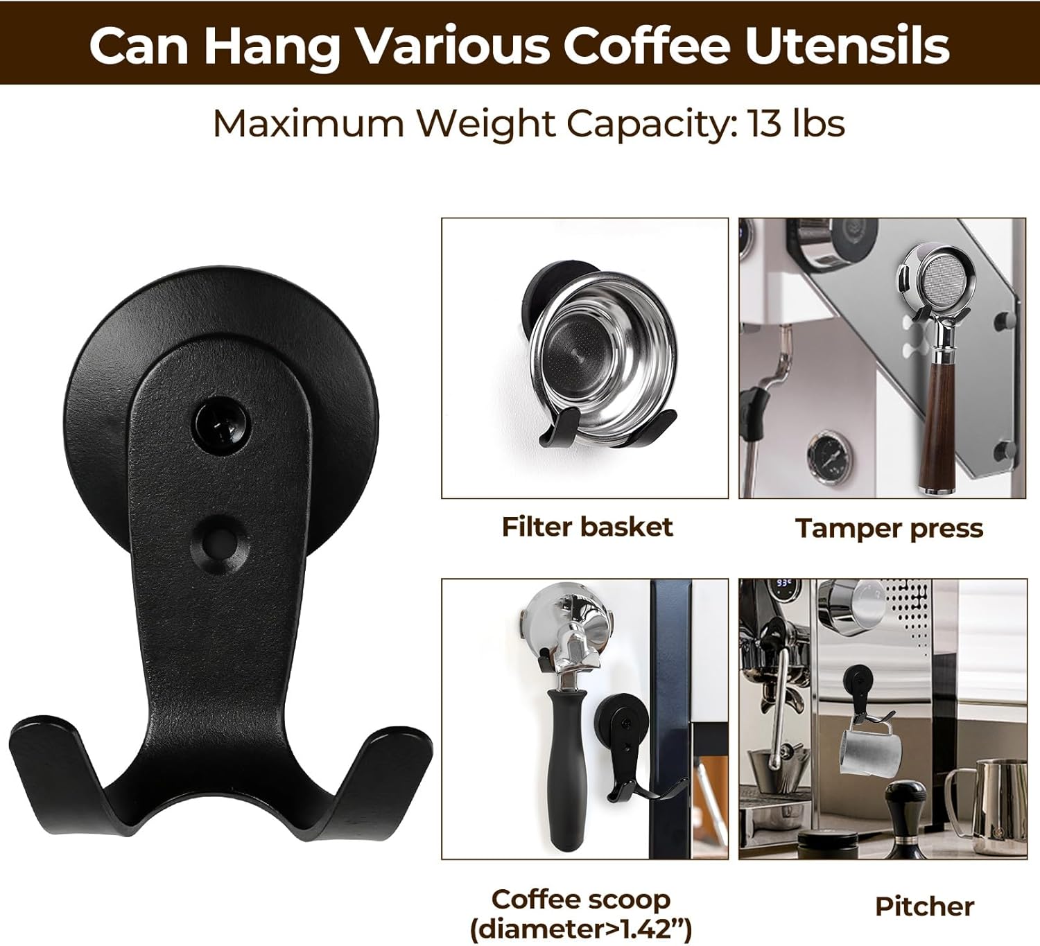 Magnetic Portafilter Holder for Espresso Machine, Coffee Tamper Organizer Rack with Powerful Magnet, Compatible with Breville/Rancilio, 51mm 53mm 58mm Portafilters, No Adhesive (Black)