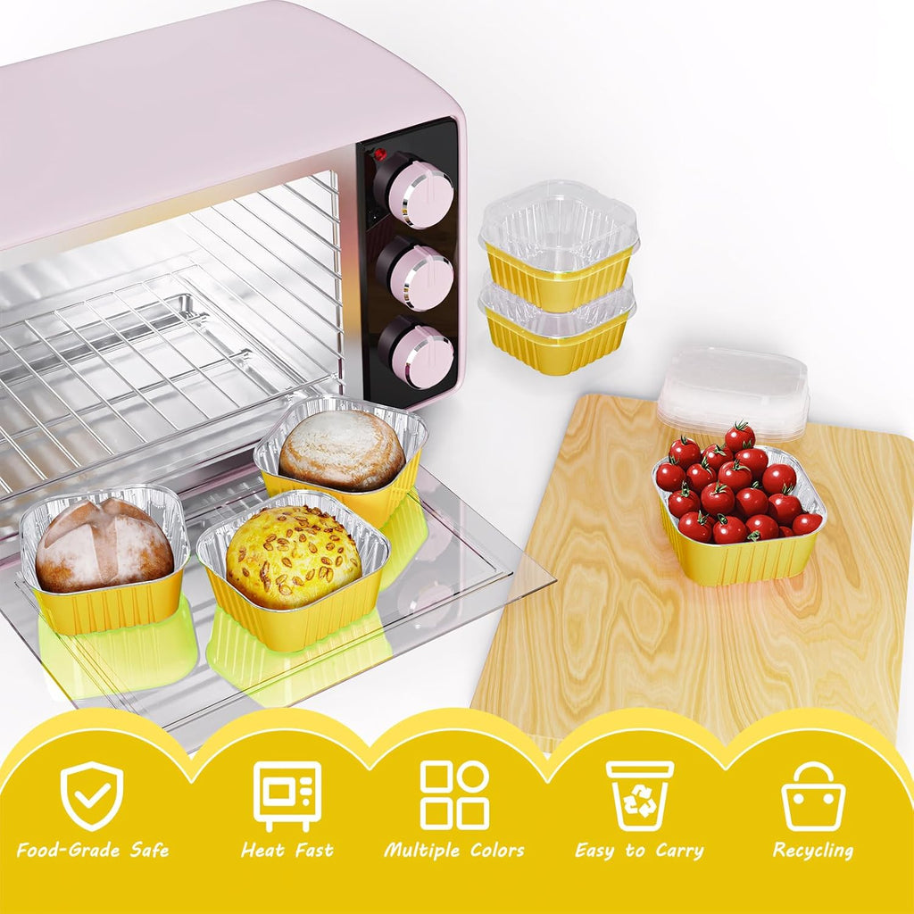 25 Pack Square Mini Cake Pans with Lids,Mini Loaf Pans with Lids,Aluminum Foil Baking Cups,Disposable Ramekins Cupcake Cups,Dessert Cups for Wedding Birthday Party Picnics,5oz (Gold)