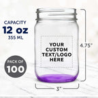 DISCOUNT PROMOS Custom Decorating Mason Jars 12 oz. Set of 100, Personalized Bulk Pack - Glass Jars for Overnight Oats, Candies, Fruits, Pickles, Spices, Beverages - Purple
