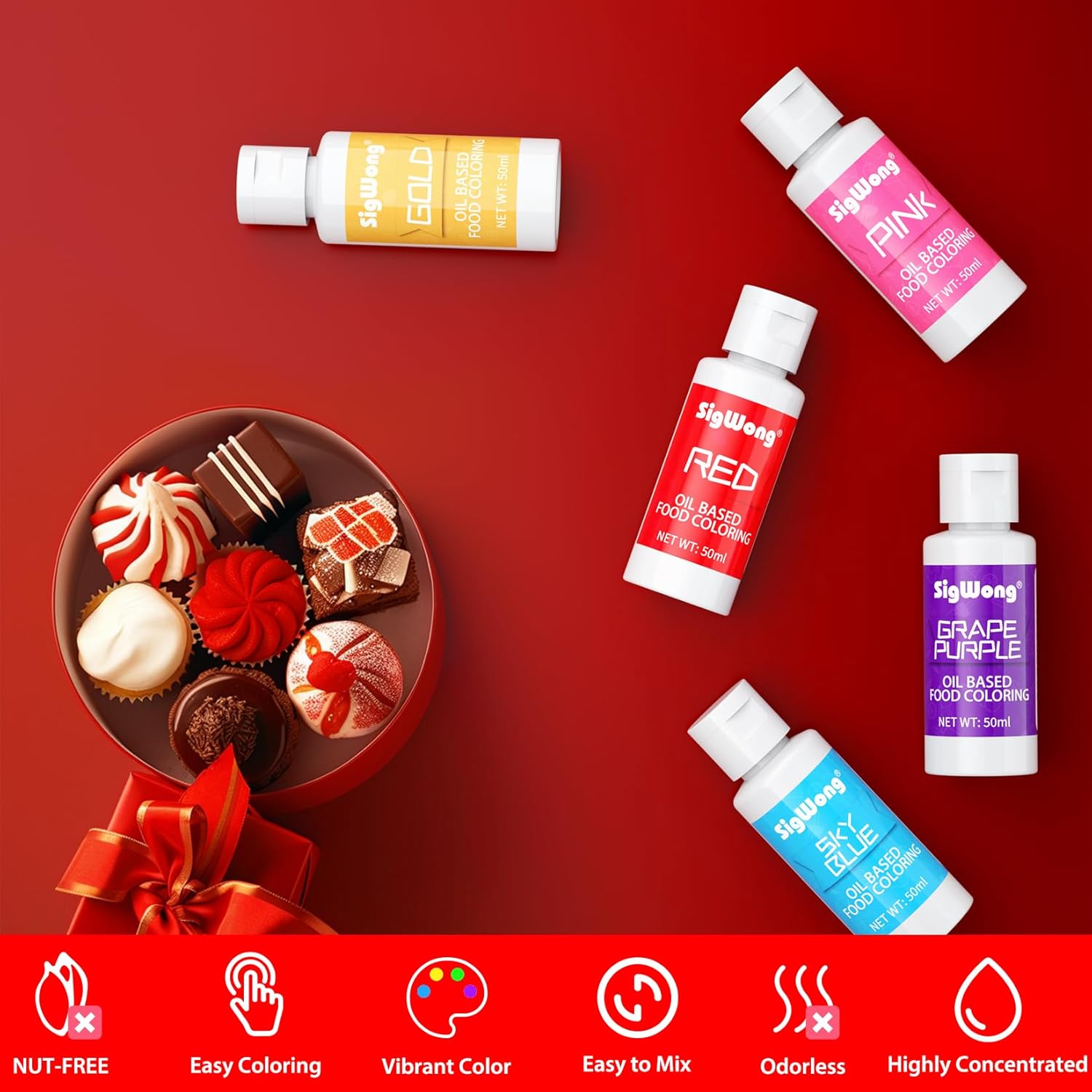 Oil Based Food Coloring for Chocolate - 50ml Red Upgraded Edible Oil Based Food Dye for Cake Decorating, Baking, Candy Melts, Cookie, Icing Frosting, Fondant, Meringues - 1.69 Fl.Oz Bottles