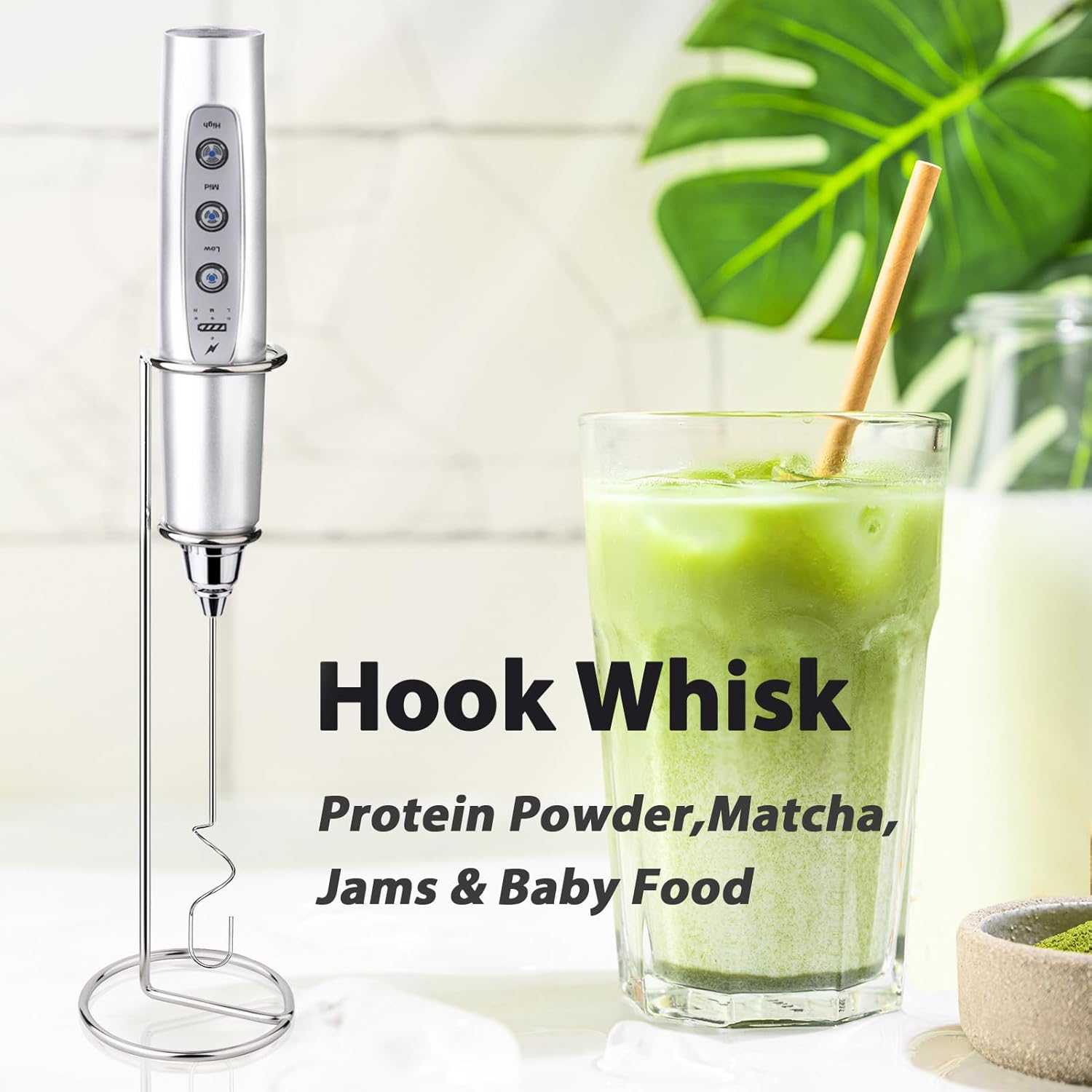 Milk Frother with Stand Rechargeable-Handheld Frother Wand with 3 Stainless Whisks 3 Speed Adjustable, Electric Whisk Drink Mixer, Foam Maker Blender for Matcha Latte Cappuccino Chocolate