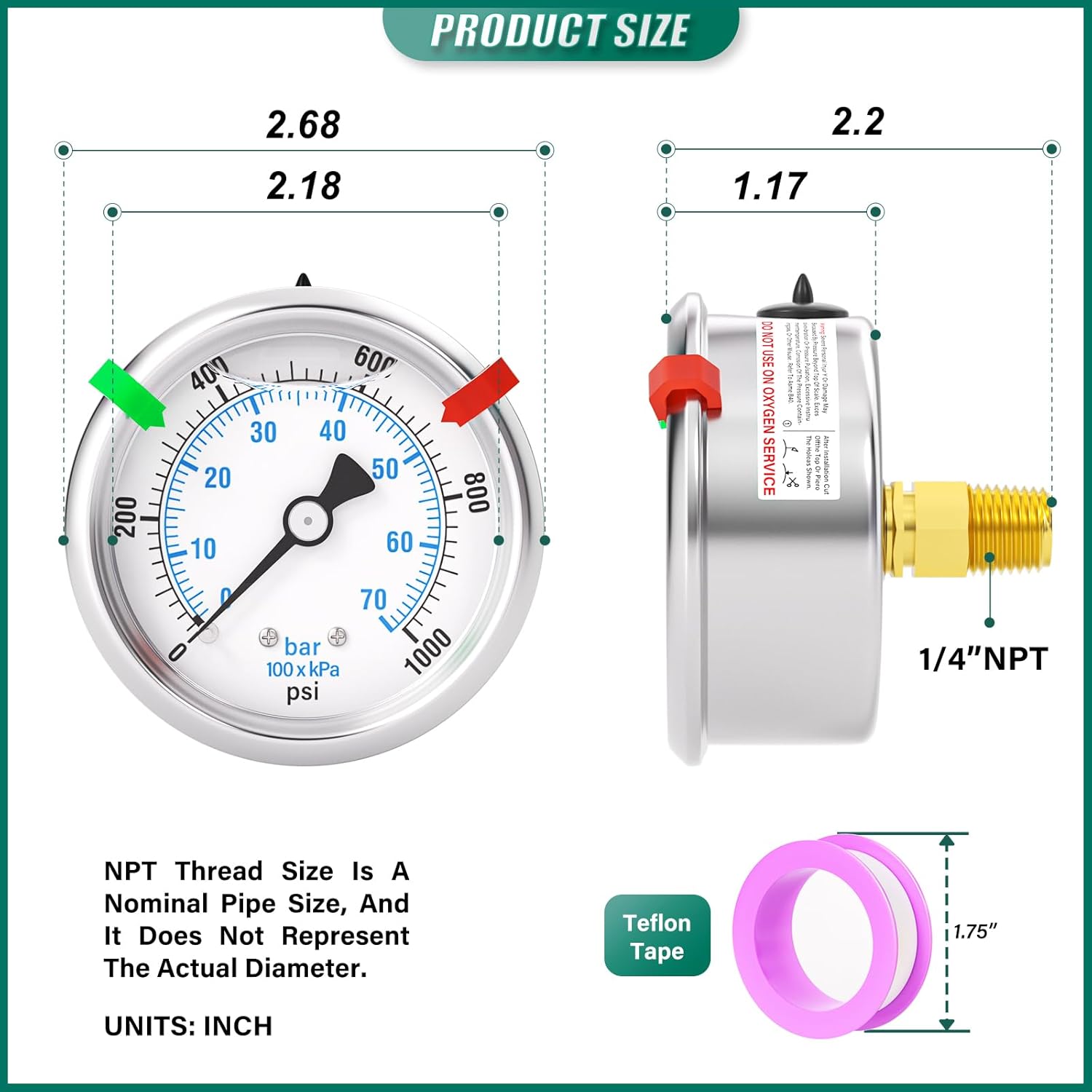 0-1000PSI Stainless Steel Liquid Filled Pressure Gauge, 2.5" Dial Size, 1/4" NPT Back Mount, for Tube, Water Pump, Gas, Liquid, Pressure Test (with Range Mark Pointer)