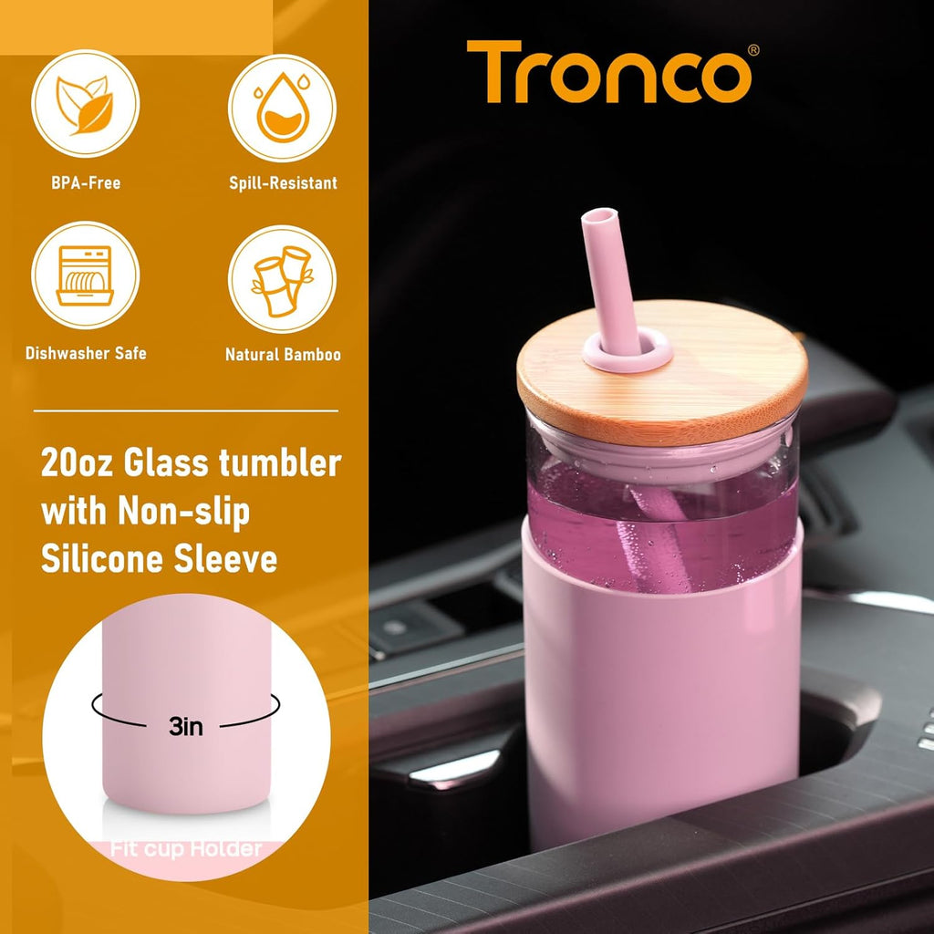 Tronco 20 oz Glass Tumbler with Lid & Straw - Iced Coffee Cup & Smoothie Cup With Silicone Sleeve | BPA-Free, Dishwasher Safe | Reusable Glass Cups with Bamboo Lids and Straws (Light Purple, 1 Count)