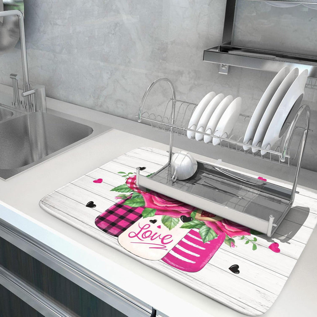 Valentine's Day Rose Flower Dish Drying Mat for Kitchen Counter,Mason Jar Pink Love Heart Drying Mat 18 x 24 Inch with High Absorbent Microfiber Drainer Mat for Coffee Bar