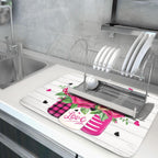 Valentine's Day Rose Flower Dish Drying Mat for Kitchen Counter,Mason Jar Pink Love Heart Drying Mat 18 x 24 Inch with High Absorbent Microfiber Drainer Mat for Coffee Bar