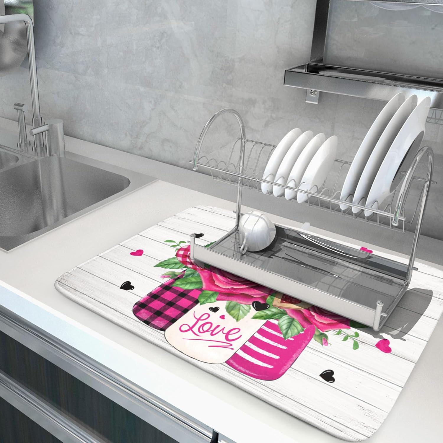 Valentine's Day Rose Flower Dish Drying Mat for Kitchen Counter,Mason Jar Pink Love Heart Drying Mat 18 x 24 Inch with High Absorbent Microfiber Drainer Mat for Coffee Bar