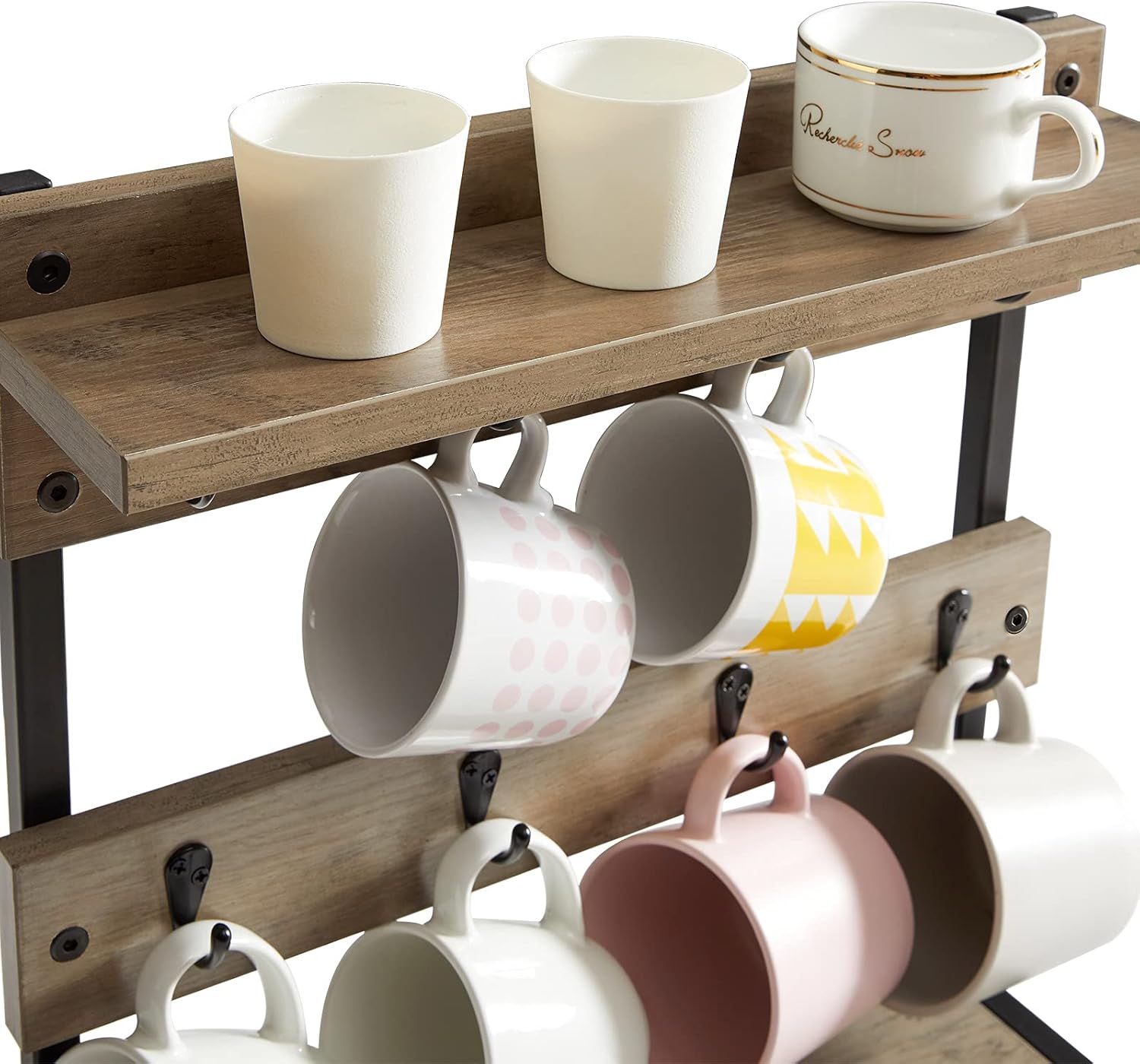 IBUYKE Rustic Coffee Mug Holder Stand, 2 Tier Countertop Mug Tree Holder Rack with Storage Base, Vintage Mug Holders for Kitchen, Holds 8 Mugs, Beige UTBJ002Y