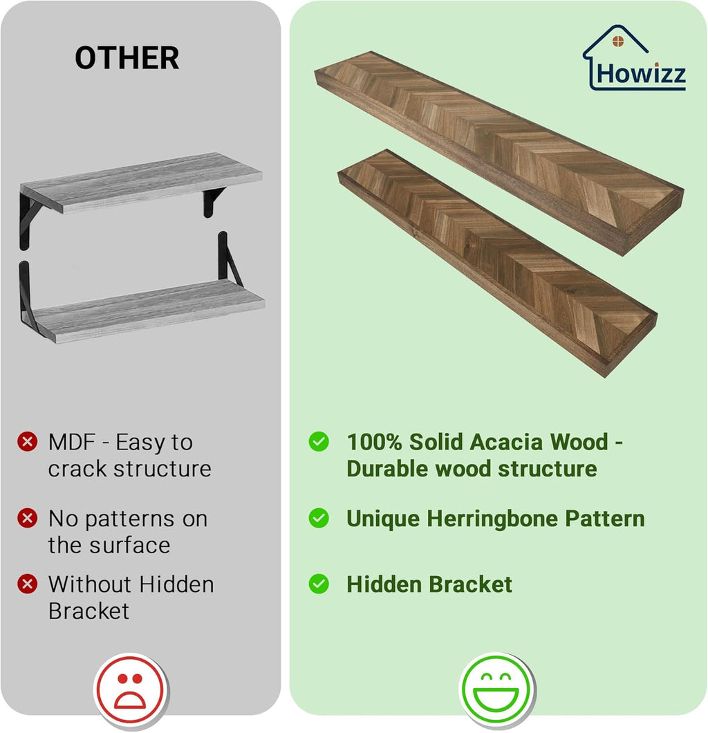 24" Acacia Chevron Floating Shelves Set of 2 - Wall Mounted Wooden Shelf for Stylish Home Décor - Walnut Color - 24x6.7x1.5 Inches