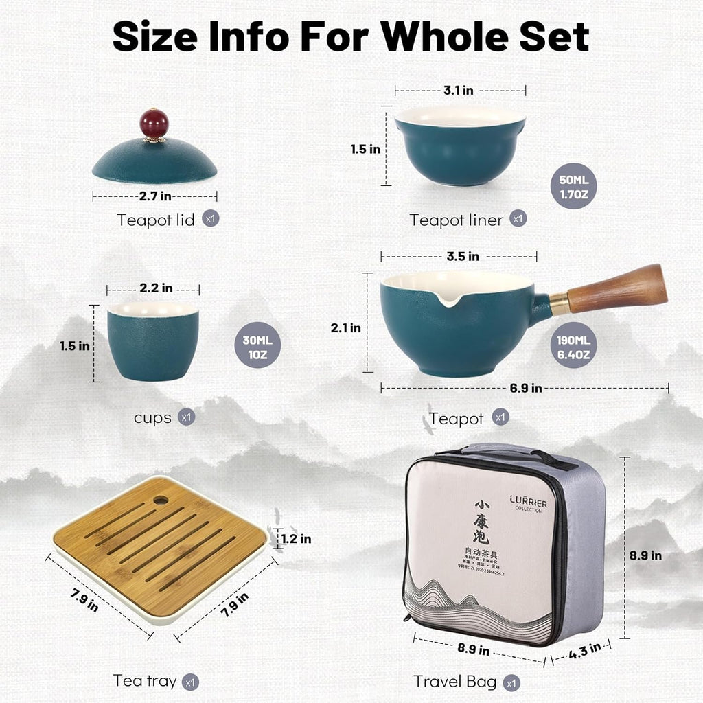 LURRIER Porcelain Chinese Gongfu Tea Set,Portable Teapot Set with 360 Rotation Tea maker and Infuser,Portable All in One Gift Bag for Travel,Home,Gifting,Outdoor and Office (Green)