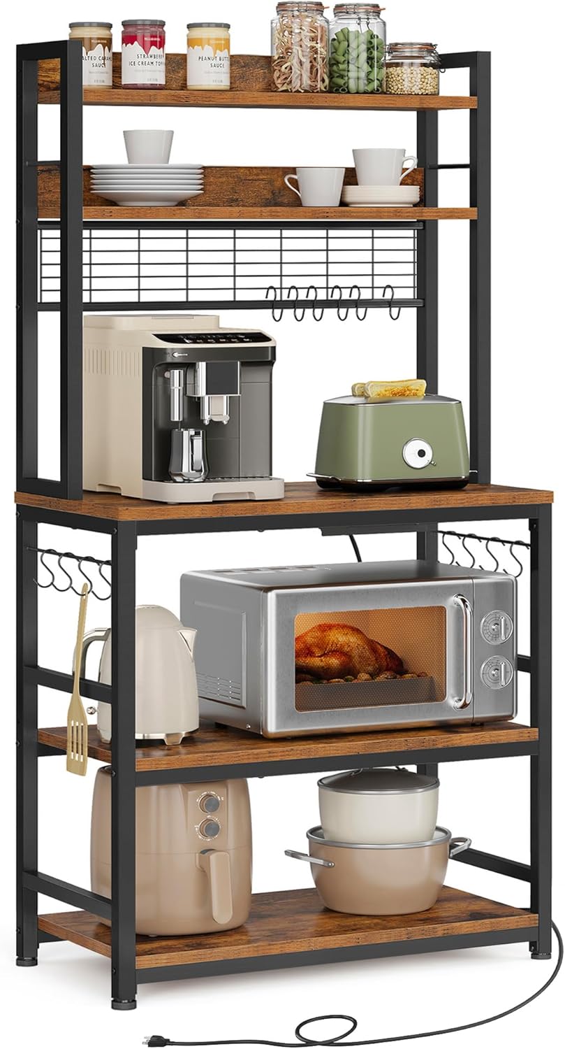 VASAGLE Hutch Bakers Rack with Power Outlet, 14 Hooks Microwave Stand, Adjustable Coffee Bar with Metal Wire Panel, Kitchen Storage Shelf, 15.7 x 31.5 x 66.9 Inches, Rustic Brown and Black UKKS025B01