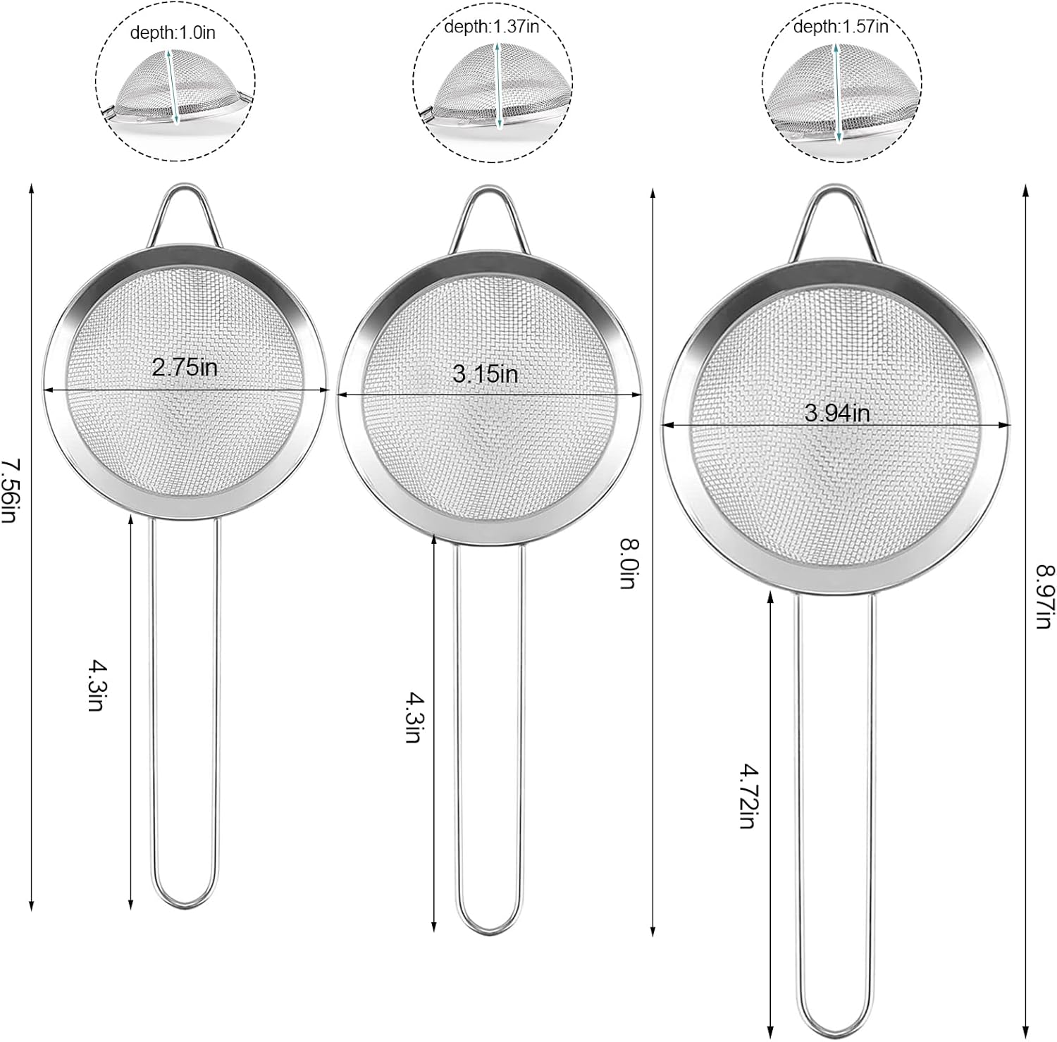 3 Pack Fine Mesh Strainer, Small Stainless Steel Sieves with Handles, for Steeping Loose Leaf Tea, Straining Cocktail, Juice and Sifting Flour, Powdered Sugar